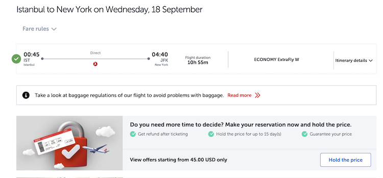 turkish airlines hold price for flight in september 2024